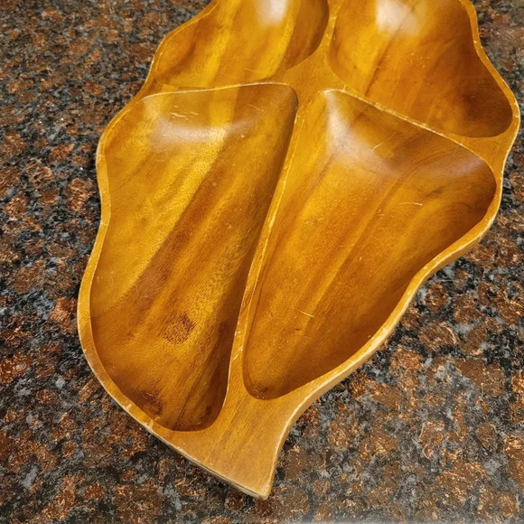 Large Monkey Pod Wood Leaf Shaped Divided Serving Tray Mid Century Modern MCM - Picture 2 of 5